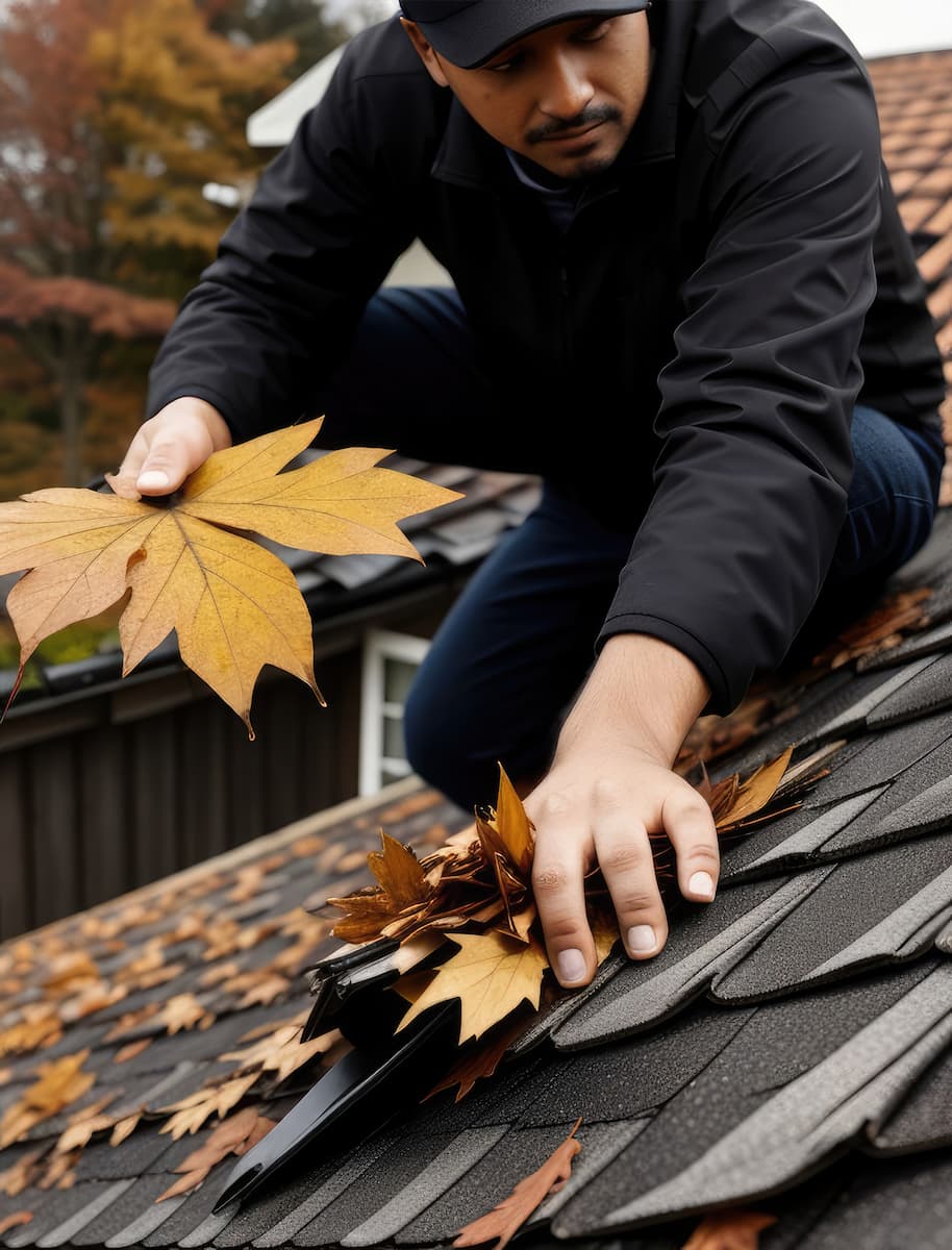 man-clears-dry-autumn-leaves-from-roof-house-preventing-gutter-blockages Roofing Repair Services